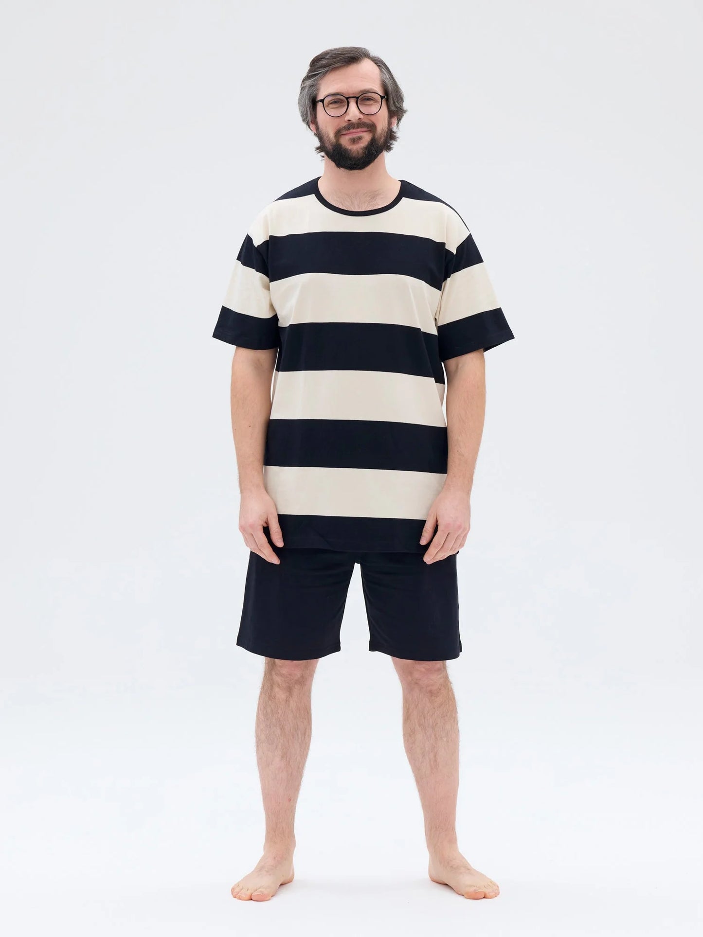 Shortsipyjama Leveä Raita, Musta/Beige