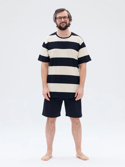 Shortsipyjama Leveä Raita, Musta/Beige