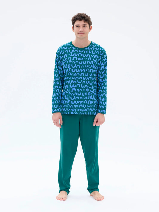 Miesten Pyjama Nurinkurin, Vihreä/Sininen