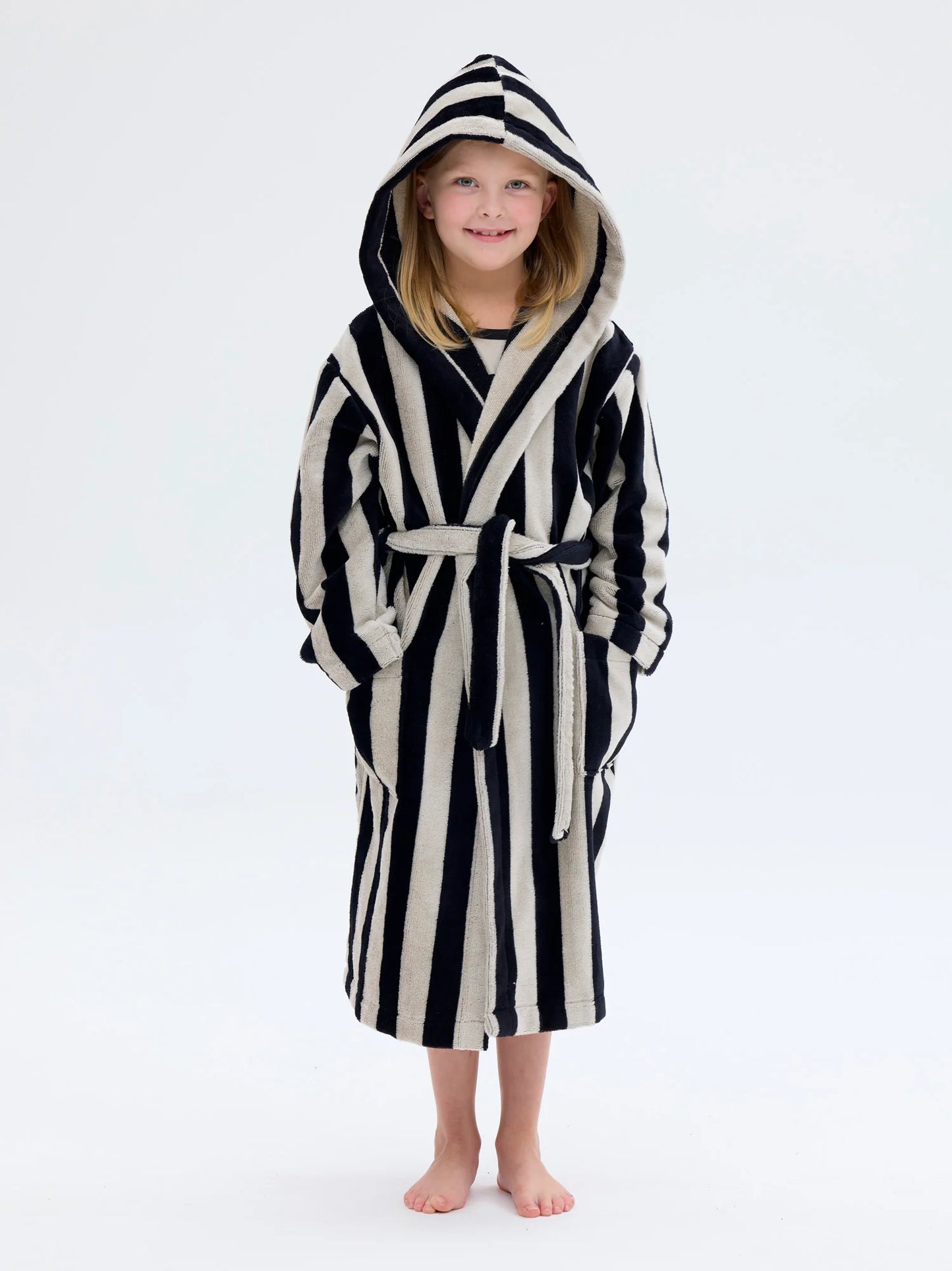 Lasten Velourkylpytakki Raita, Musta/Hiekka