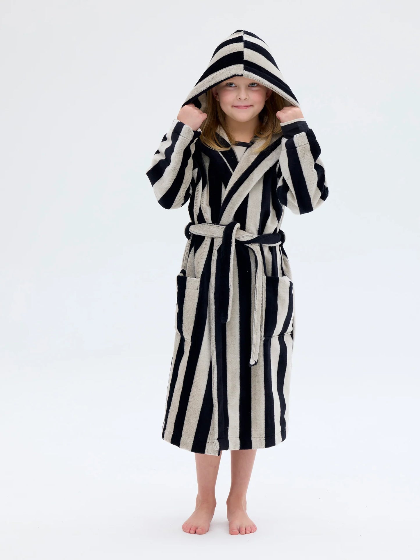 Lasten Velourkylpytakki Raita, Musta/Hiekka