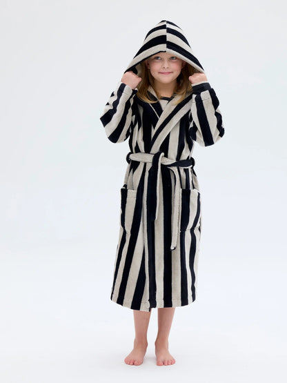 Lasten Velourkylpytakki Raita, Musta/Hiekka