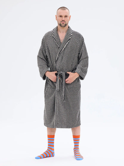 Unisex Kylpytakki Raita, Musta/Hiekka