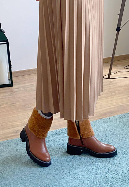 Brown Leather Ankle Boots Andira – Women’s Block Heel Boots with Decorative Shearling and Lug Sole