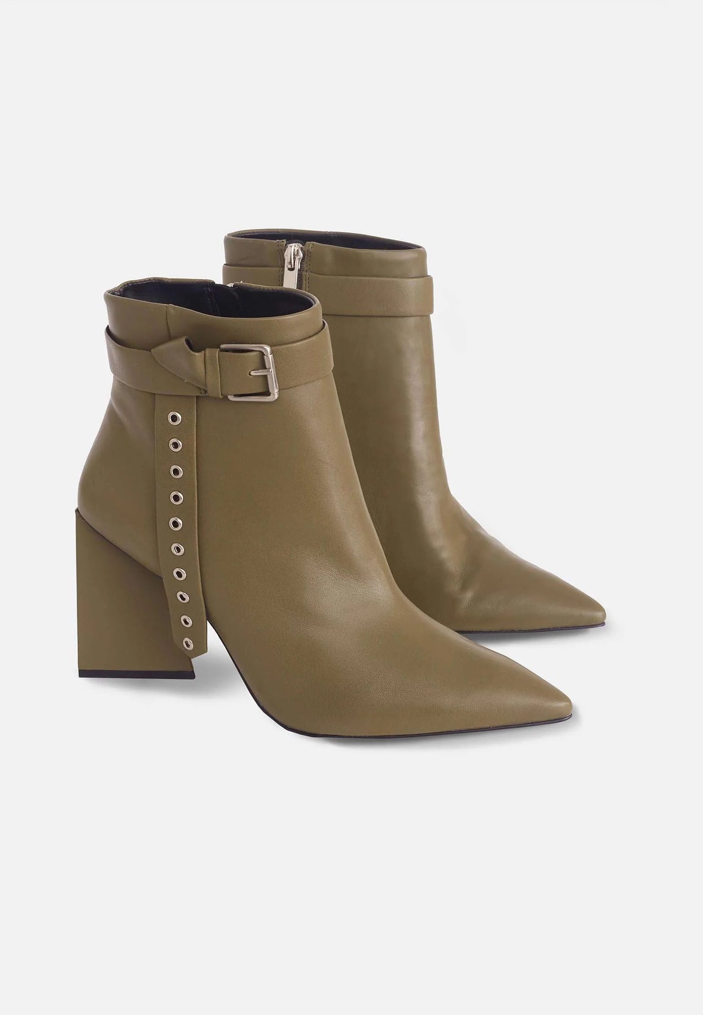 Salvia Green Leather Heeled Ankle Boots